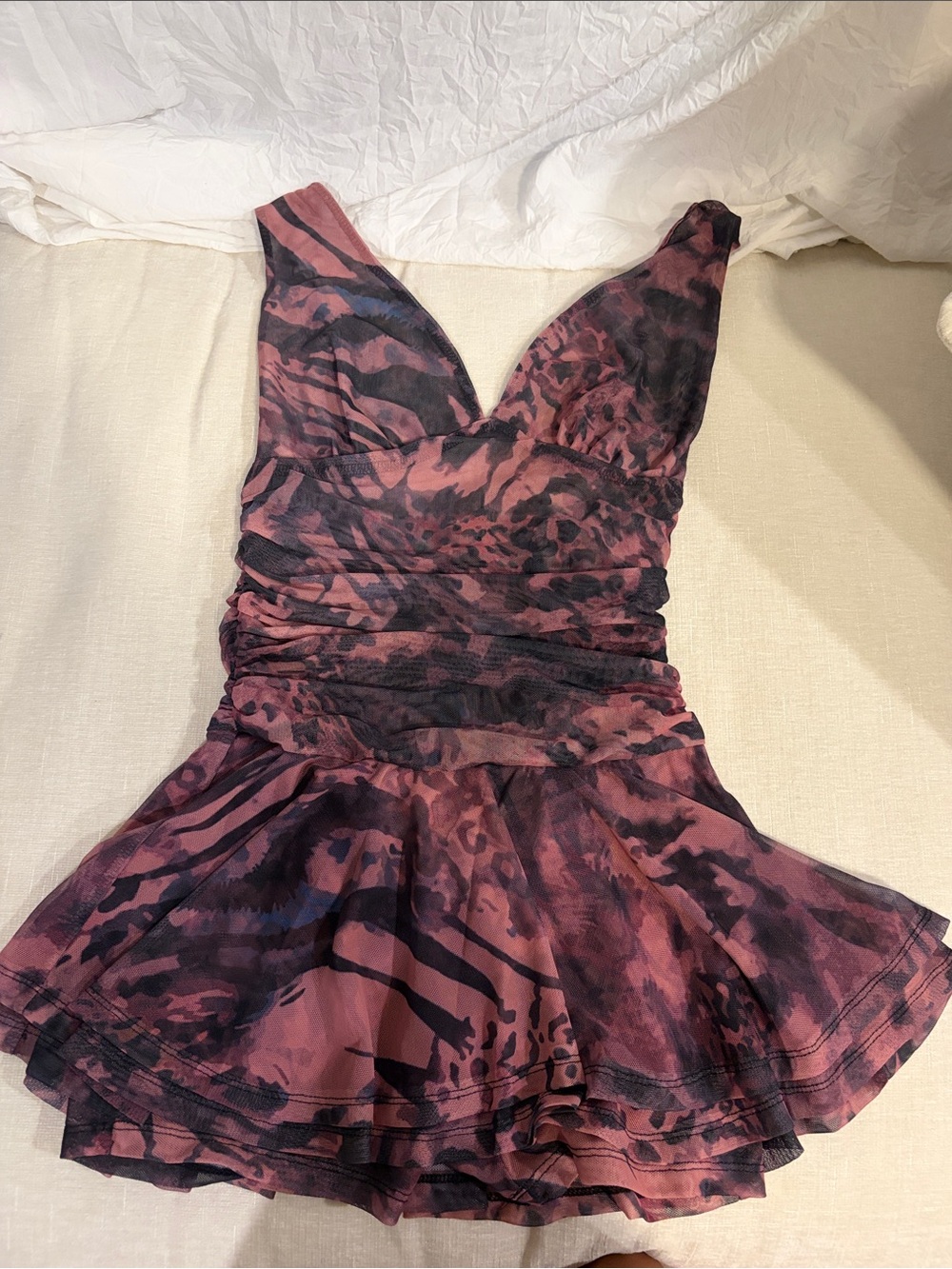 Ruched Deep V-Neck Animal Print Dress